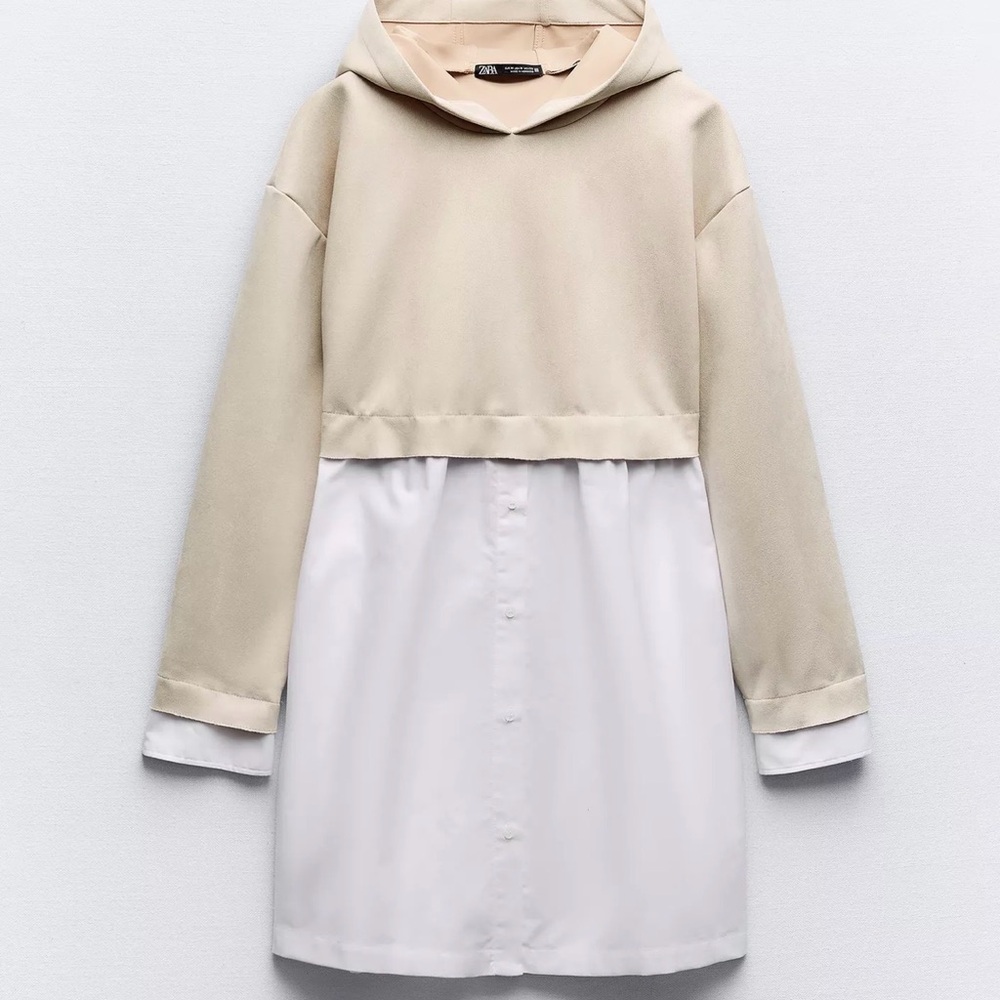 Zara CONTRASTING FAUX SUEDE DRESS Beige Hooded Layered Shirt Dress Jacket